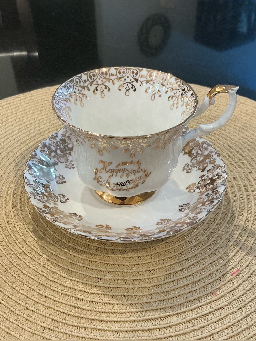 Royal Albert Gold Accent Porcelain Teacup and Saucer - 'Happy Anniversary'